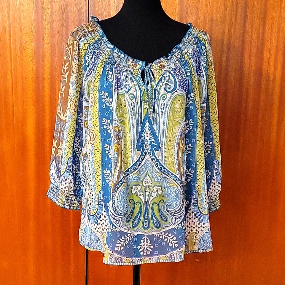 BILA Boho Peasant Blouse Women's  XL Teal/Tan